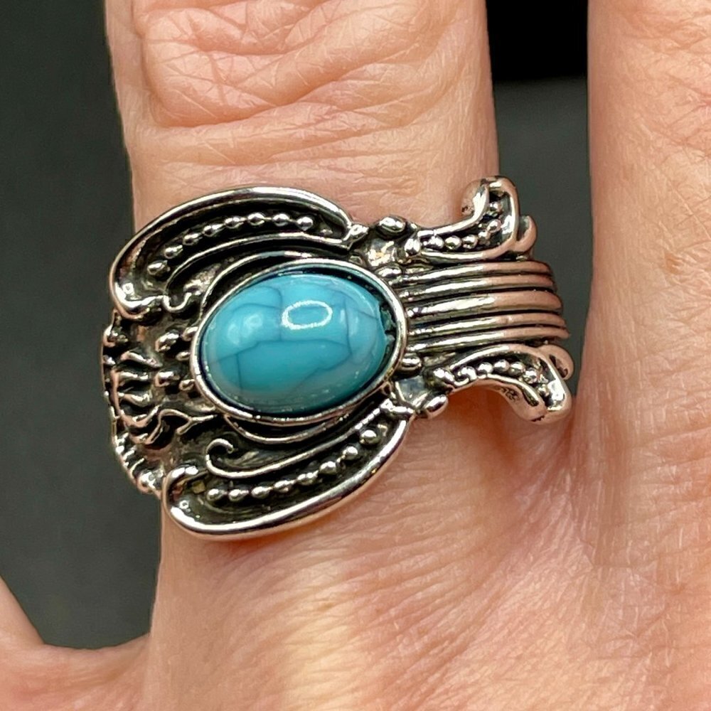 Boho Rose and Flowers with Faux Turquoise Adjustable Spoon Ring #1221 - Picture 10 of 16